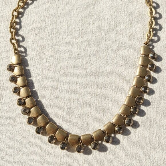 J. Crew Smoky Rhinestone Collar Statement Necklace - Antique Gold Tone - EUC - Picture 1 of 7